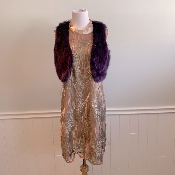 Ostrich feather and sequins vintage glam champagne dress - Picture 2 of 11